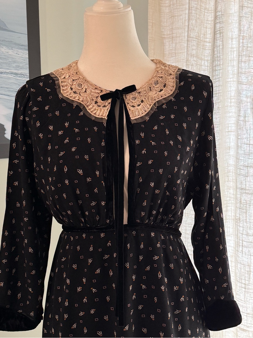 Free People Sweet Delfina Black Mini Dress, Lace Collar & Velvet Trim - Sz M - Picture 4 of 11